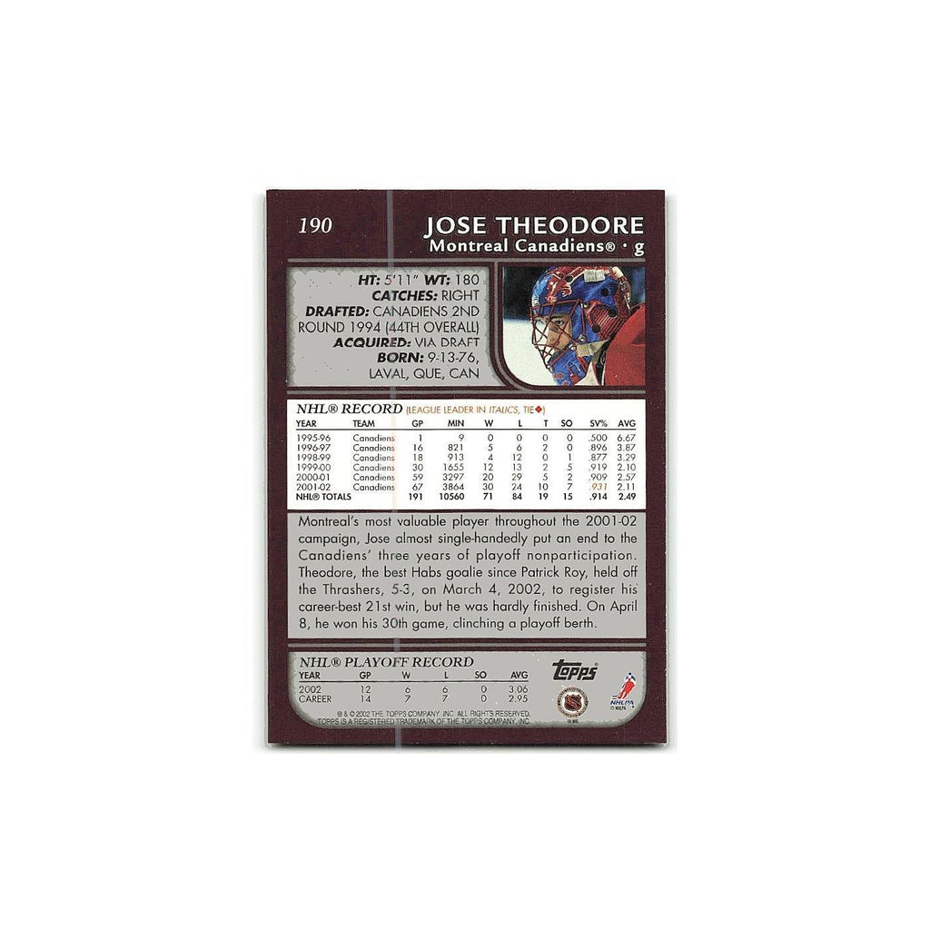 Jose Theodore 2002 Topps #190 Montreal Canadiens Hockey Card NM