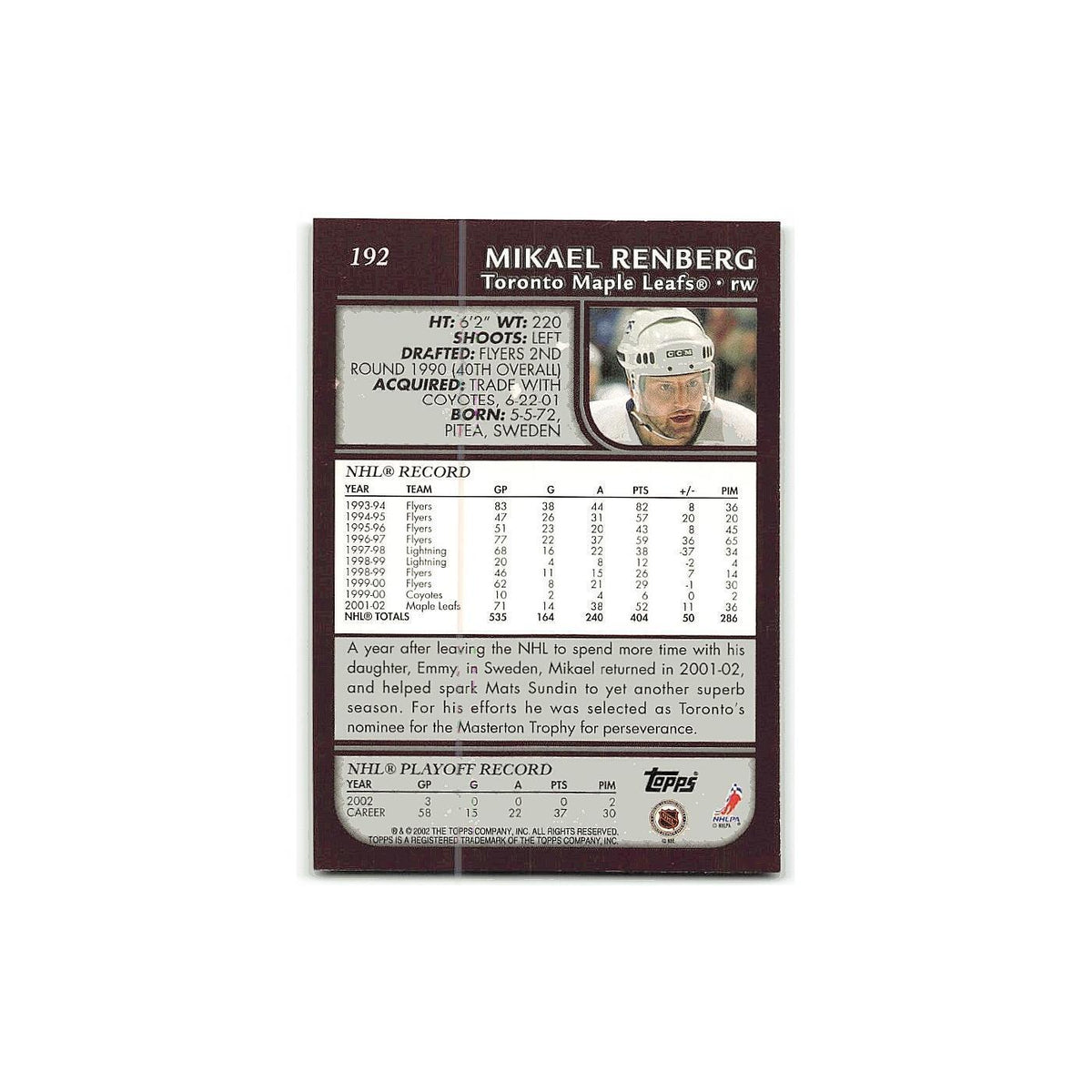 Mikael Renberg 2002 Topps #192 Toronto Maple Leafs Hockey Card NM