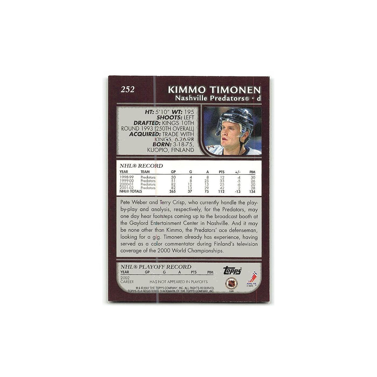 Kimmo Timonen 2002 Topps #252 Nashville Predators Hockey Card NM
