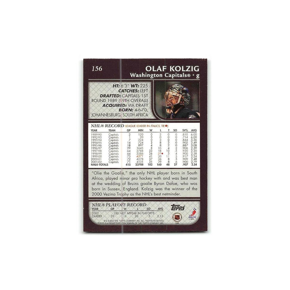Olaf Kolzig 2002 Topps #156 Washington Capitals Hockey Card NM