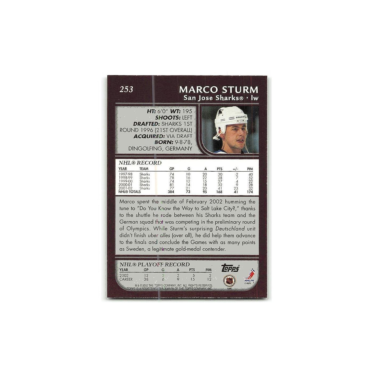 Marco Sturm 2002 Topps #253 San Jose Sharks Hockey Card NM