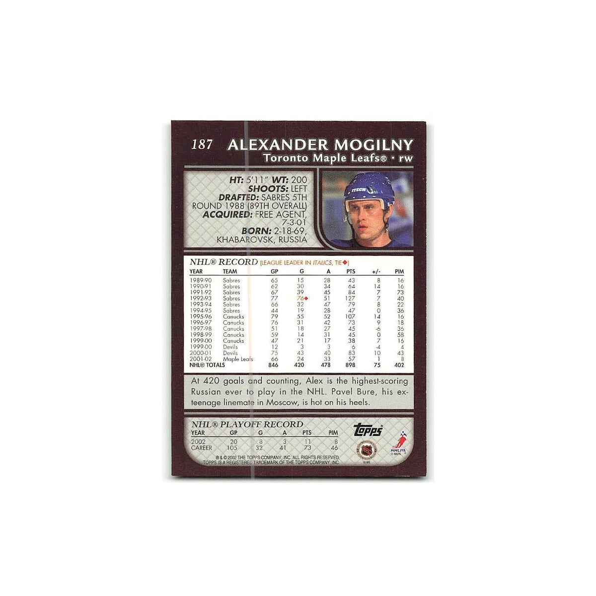 Alexander Mogilny 2002 Topps #187 Toronto Maple Leafs Hockey Card NM