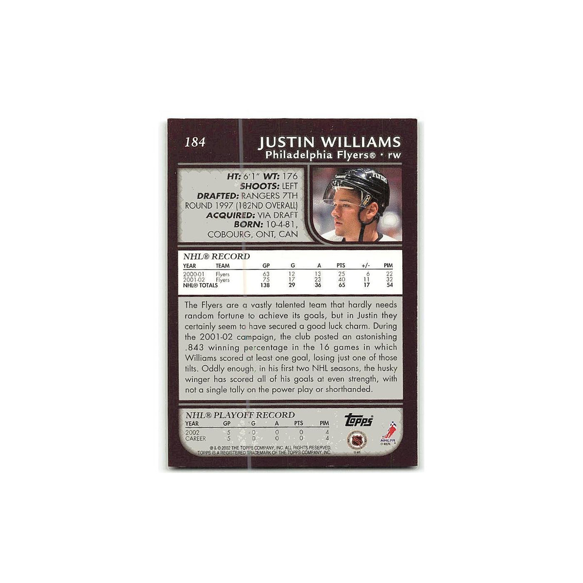 Justin Williams 2002 Topps #184 Philadelphia Flyers Hockey Card NM