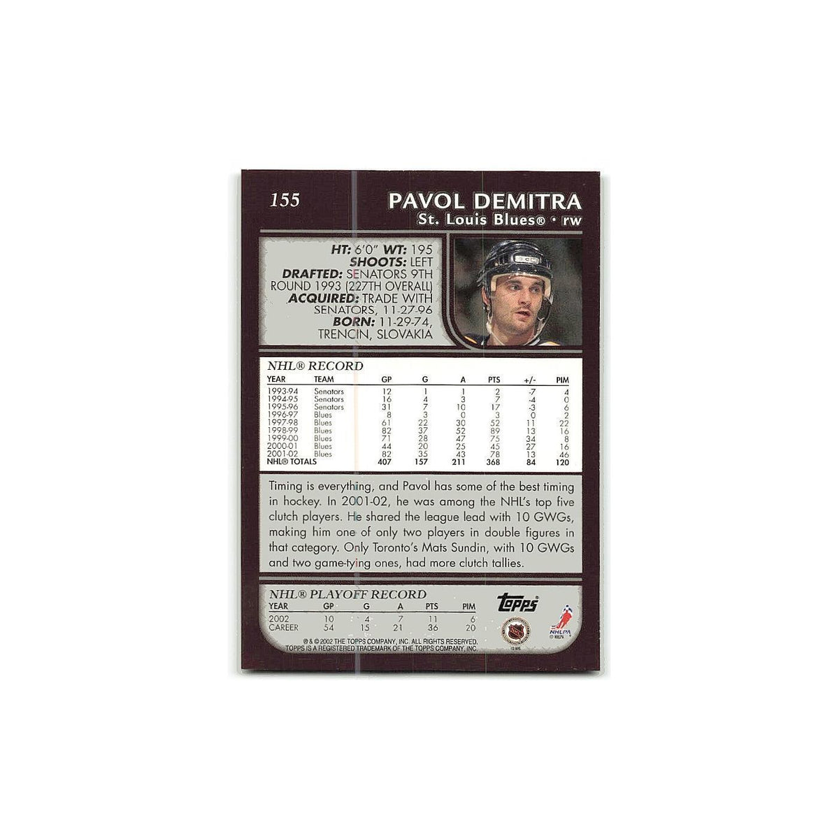 Pavol Demitra 2002 Topps #155 St. Louis Blues Hockey Card NM