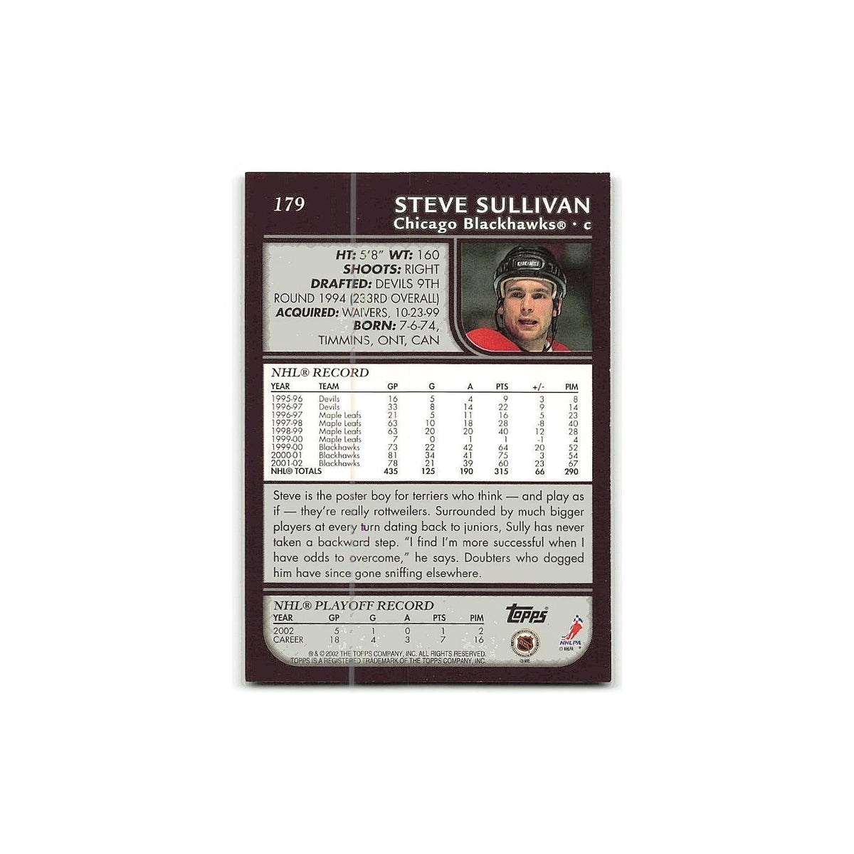 Steve Sullivan 2002 Topps #179 Chicago Blackhawks Hockey Card NM