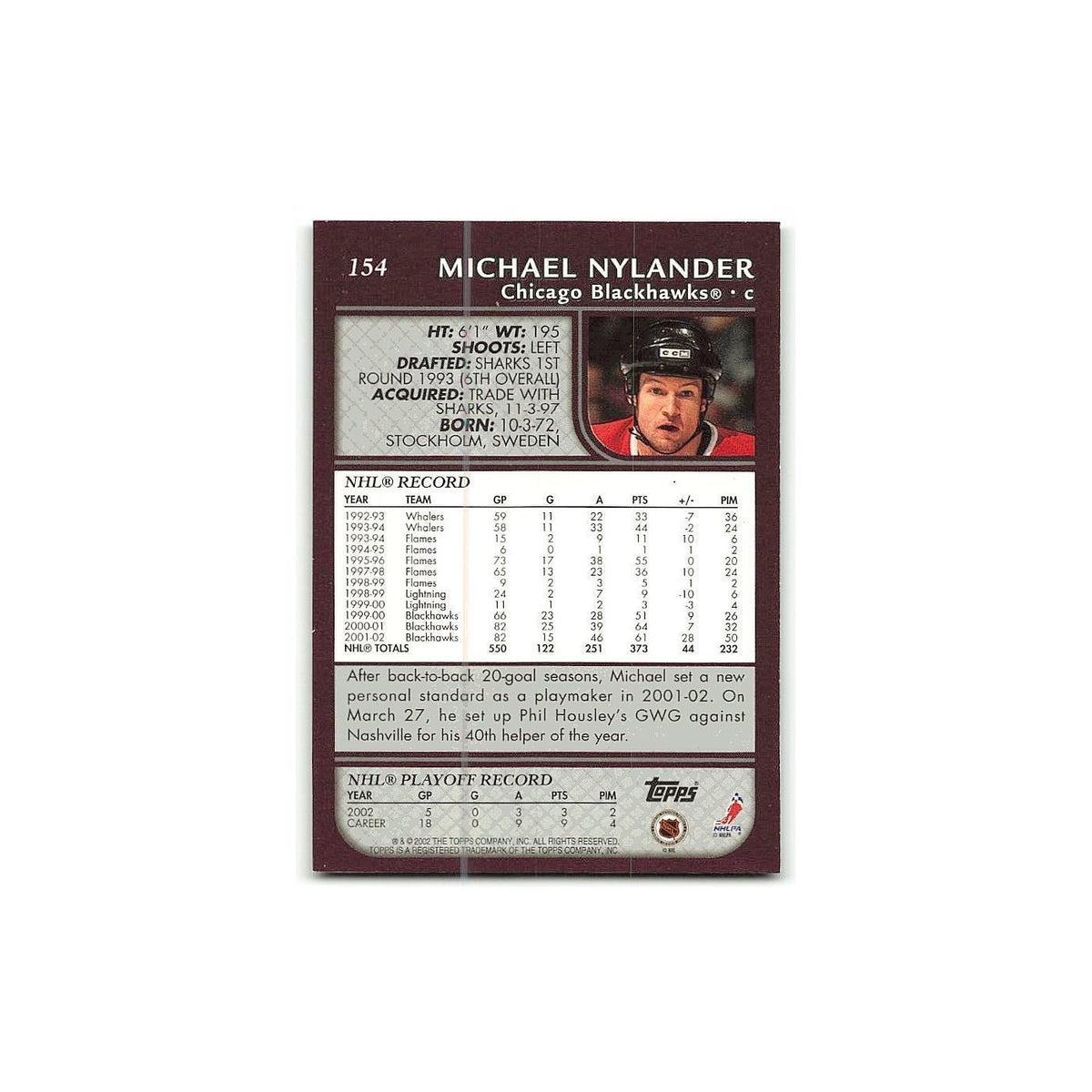 Michael Nylander 2002 Topps #154 Chicago Blackhawks Hockey Card NM