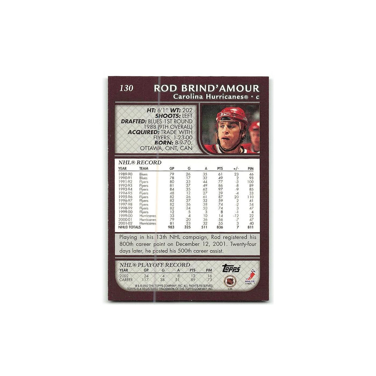 Rod Brind'Amour 2002 Topps #130 Carolina Hurricanes Hockey Card NM