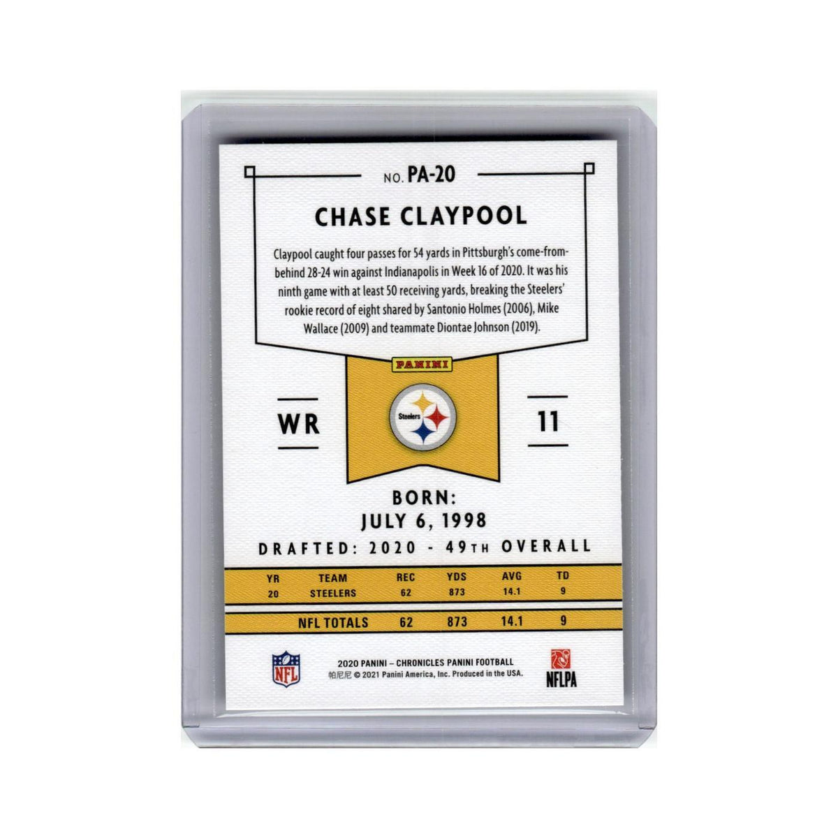 Chase Claypool Rookie 2020 Panini Chronicles #PA-20 Pittsburgh Steelers NM