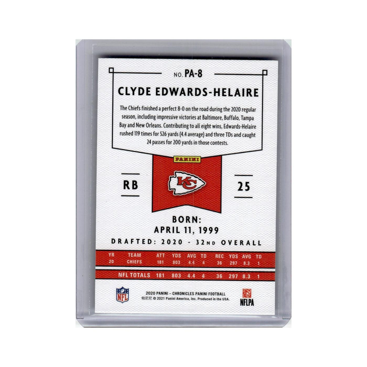Clyde Edwards-Helaire Rookie 2020 Panini Chronicles #PA-8 Kansas City Chiefs NM