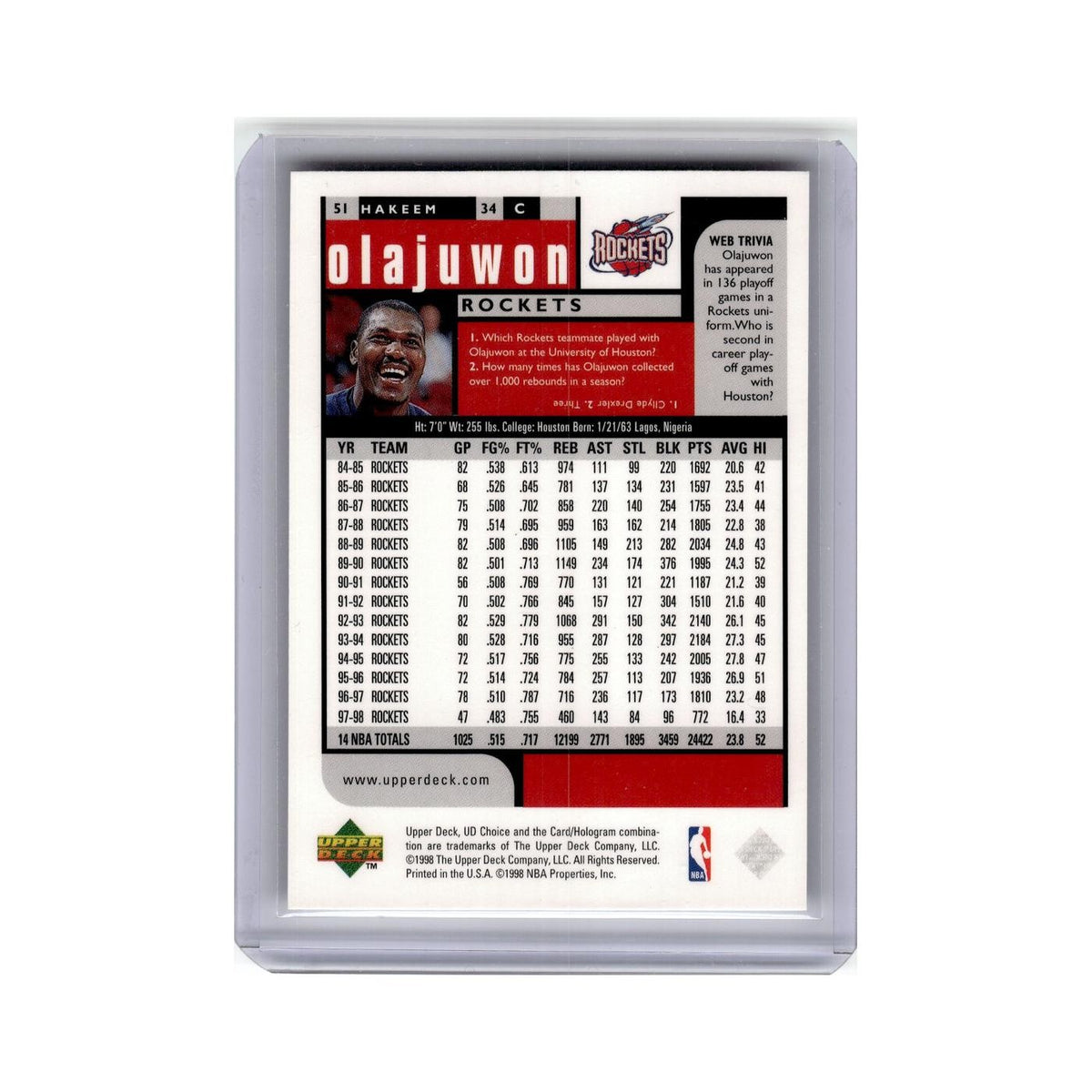 Hakeem Olajuwon 1998 UD Choice #51 Houston Rockets Basketball Card NM