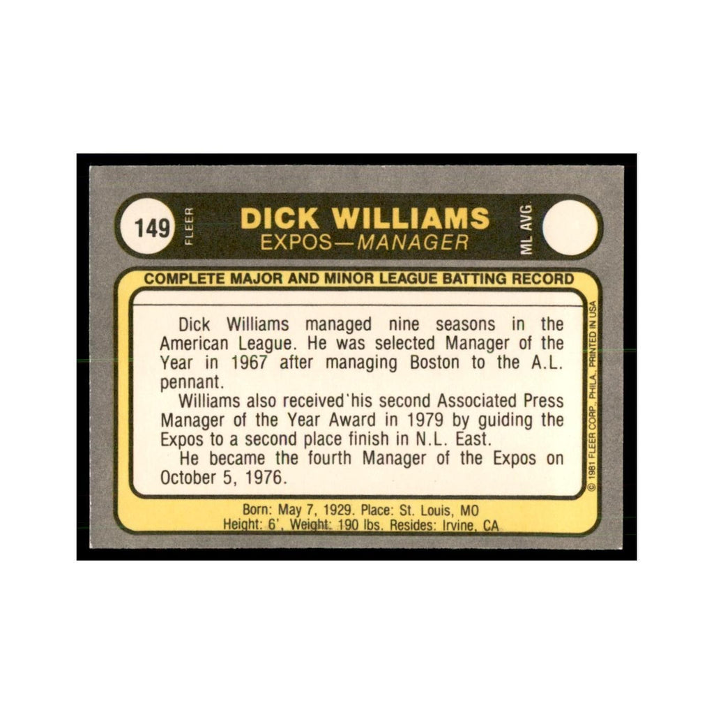 1981 Fleer Dick Williams Baseball Cards #149