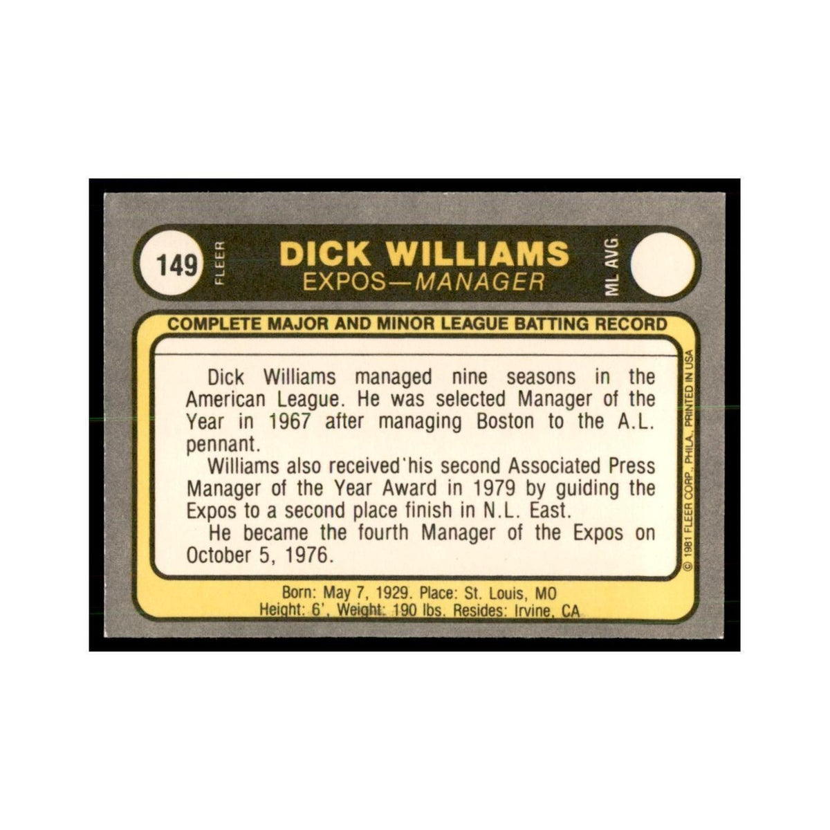 1981 Fleer Dick Williams Baseball Cards #149