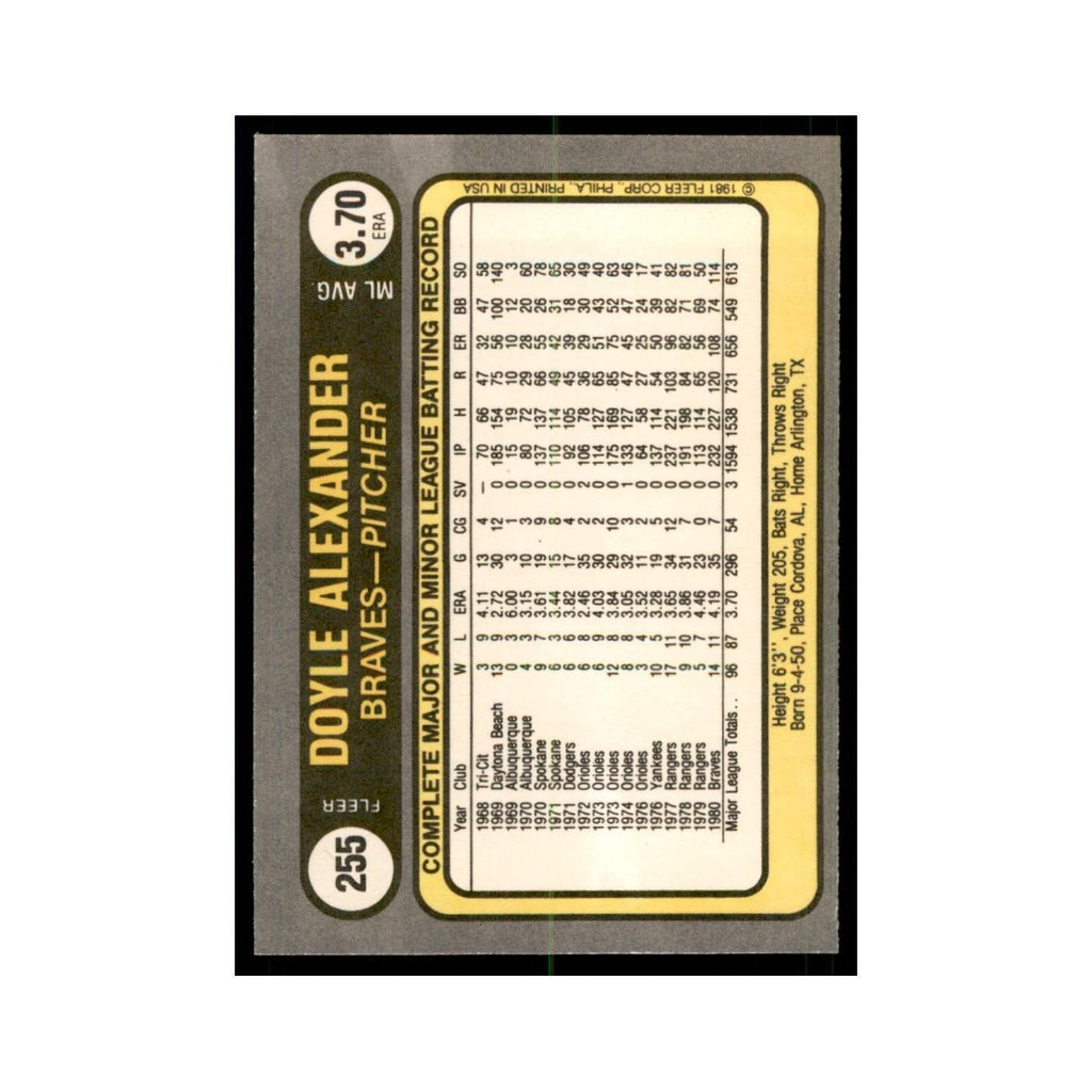 1981 Fleer Doyle Alexander Baseball Cards #255
