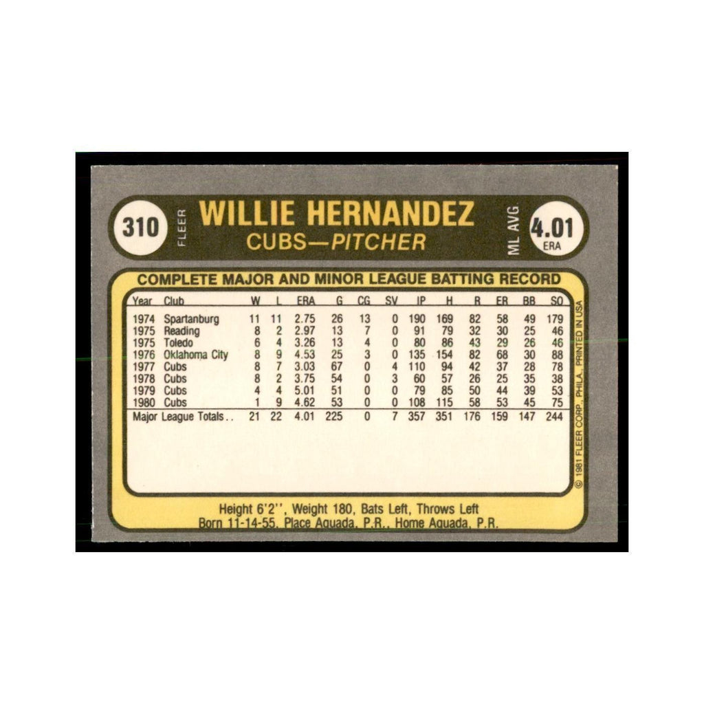 1981 Fleer Willie Hernandez Baseball Cards #310