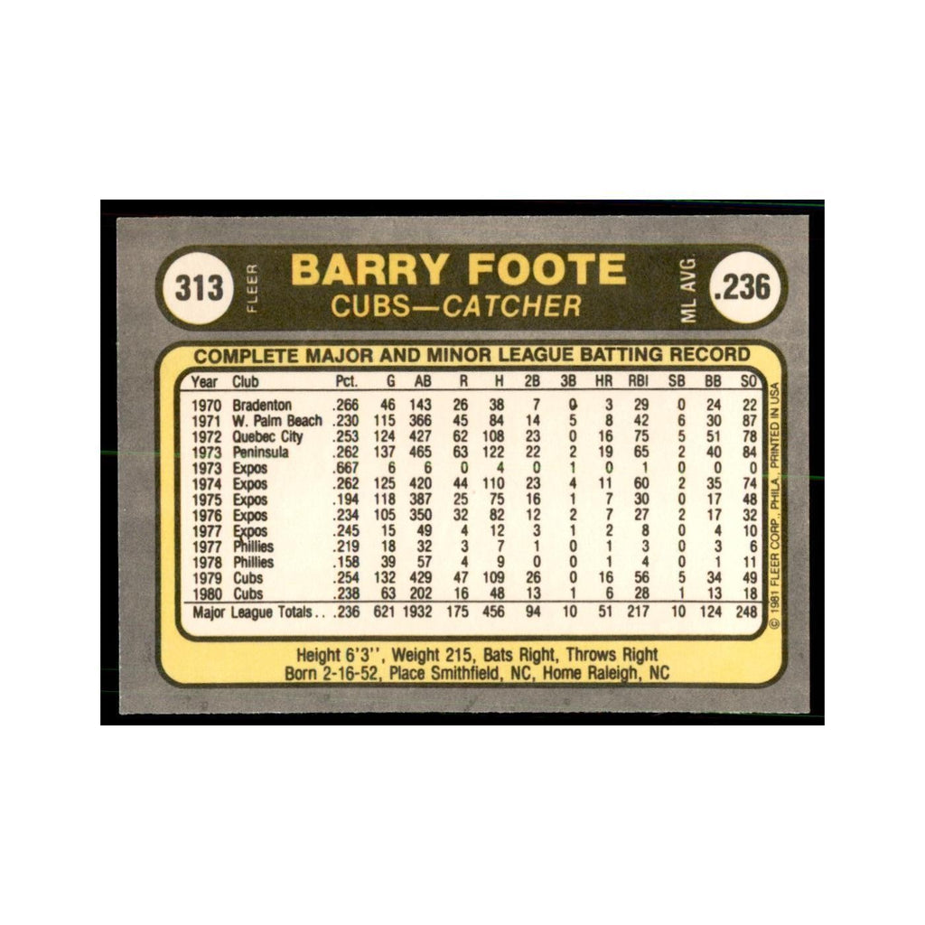 1981 Fleer Barry Foote Baseball Cards #313