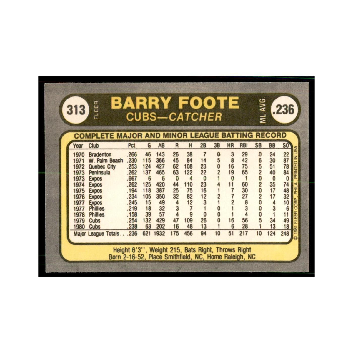 1981 Fleer Barry Foote Baseball Cards #313