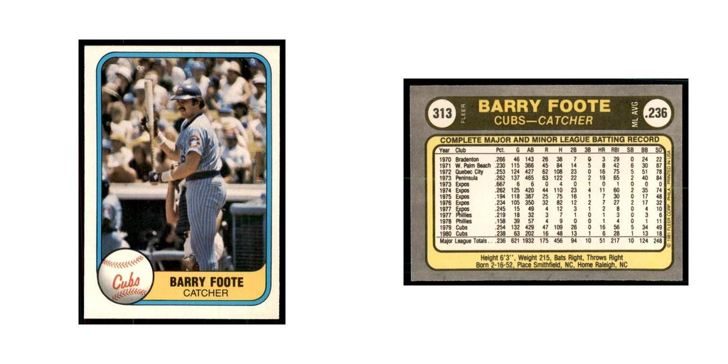 1981 Fleer Barry Foote Baseball Cards #313