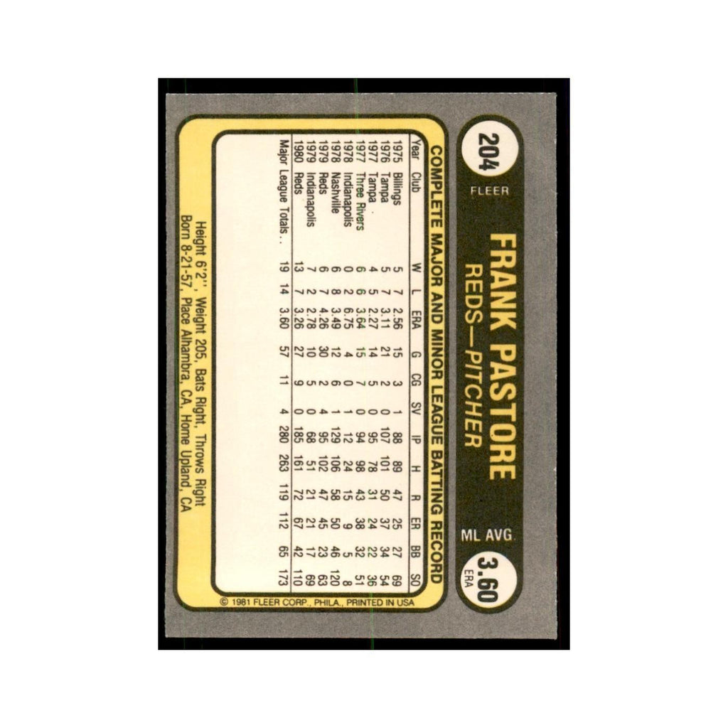 1981 Fleer Frank Pastore Baseball Cards #204