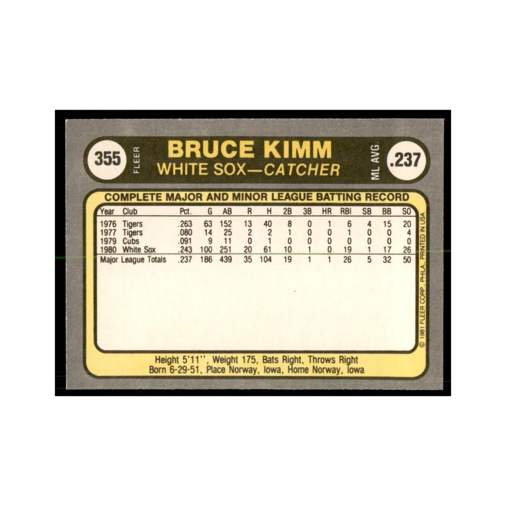 1981 Fleer Bruce Kimm Baseball Cards #355