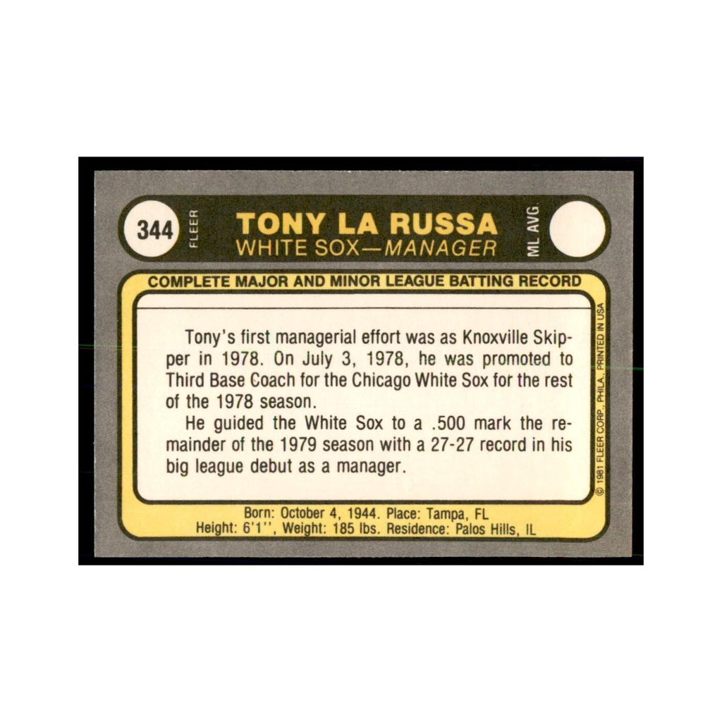 1981 Fleer Tony LaRussa Baseball Cards #344