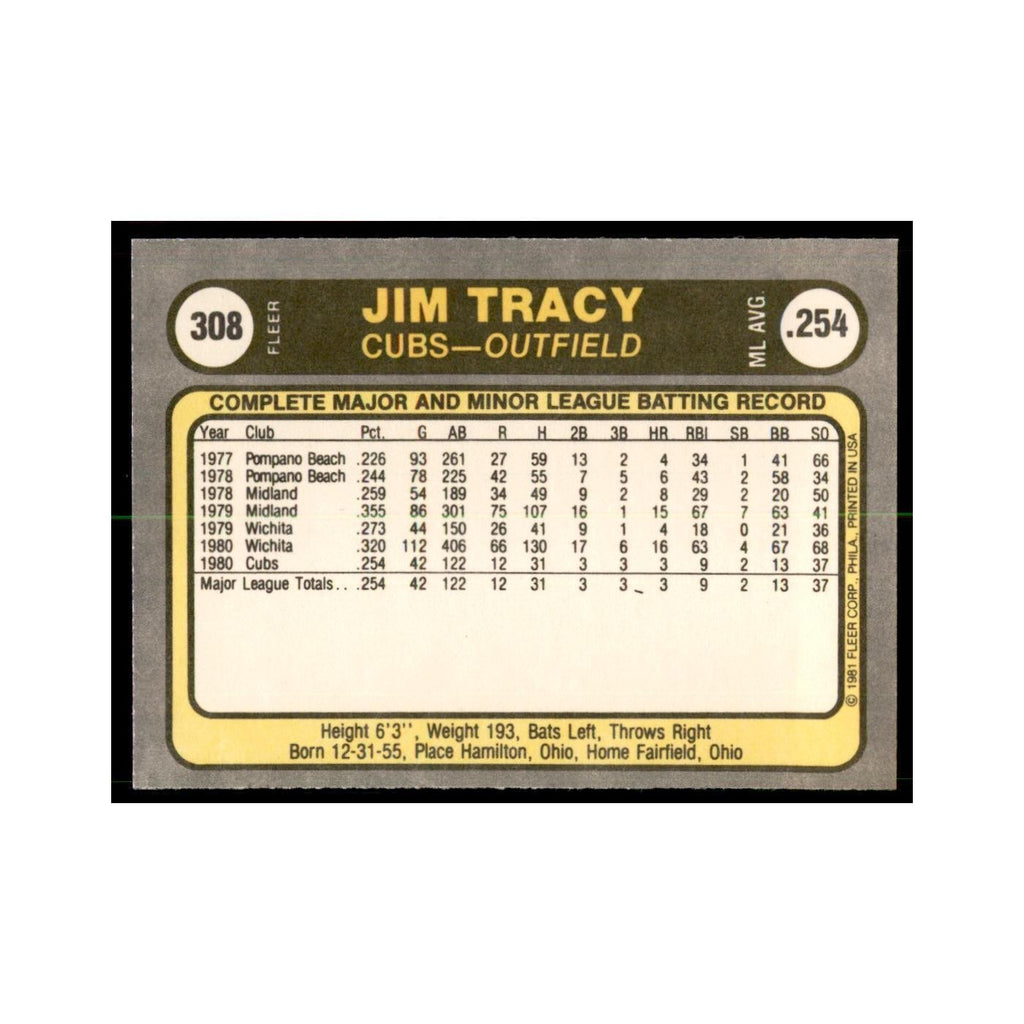 1981 Fleer Jim Tracy Baseball Cards #308