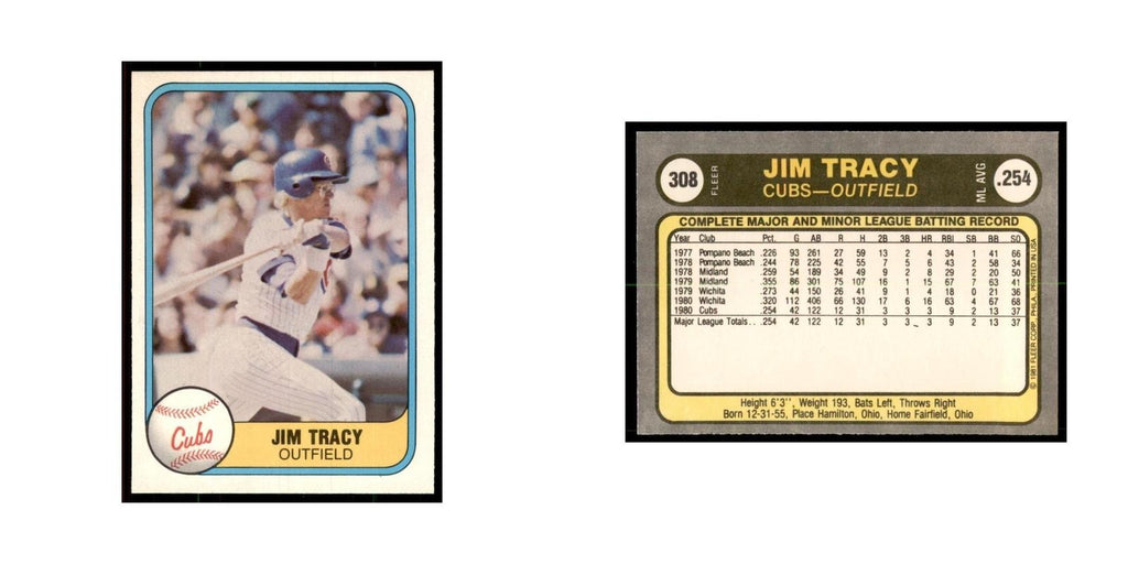 1981 Fleer Jim Tracy Baseball Cards #308