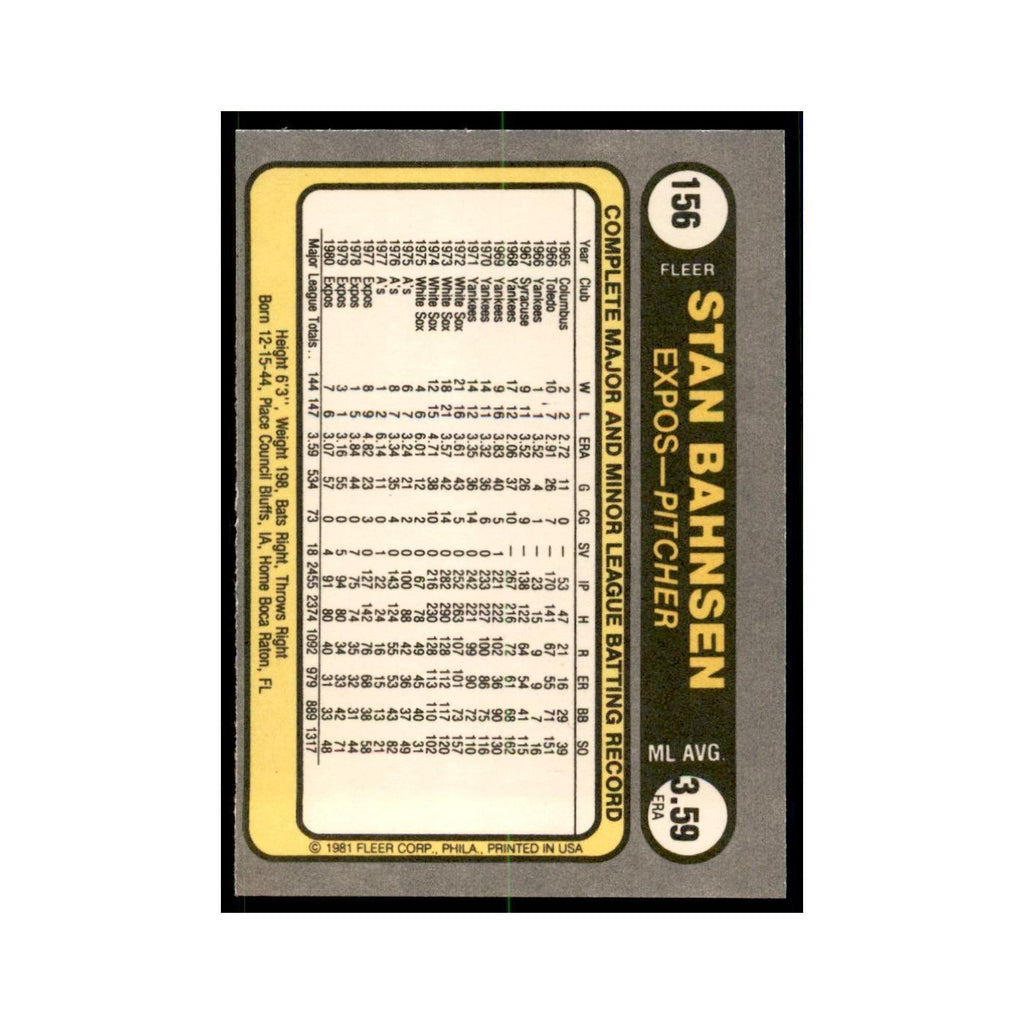 1981 Fleer Stan Bahnsen Baseball Cards #156