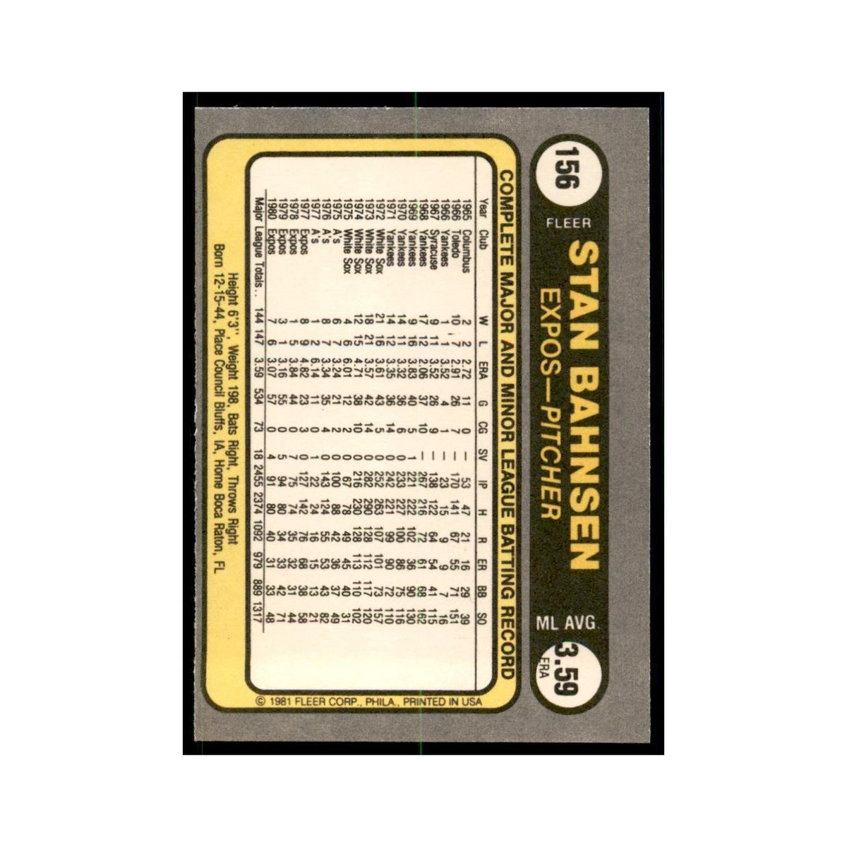 1981 Fleer Stan Bahnsen Baseball Cards #156