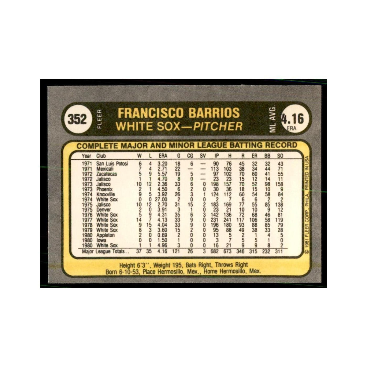 1981 Fleer Francisco Barrios Baseball Cards #352