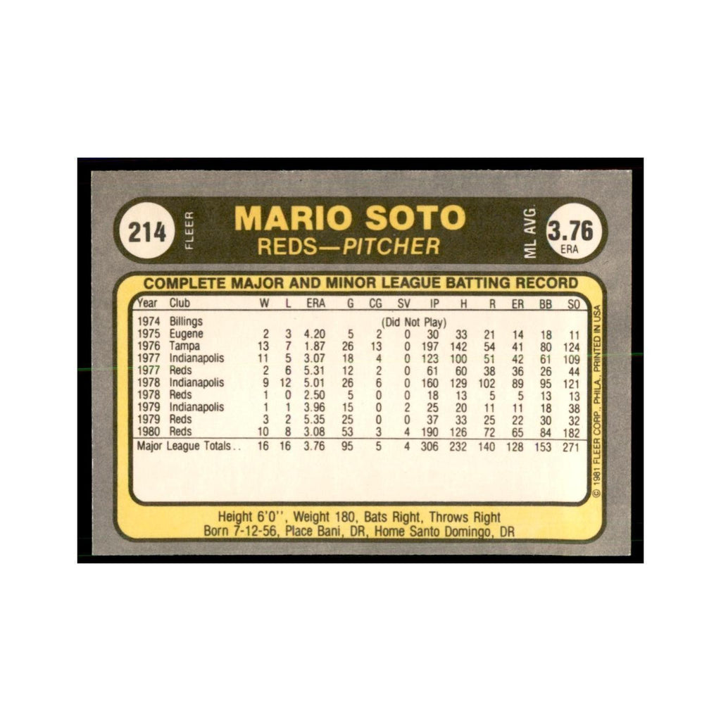 1981 Fleer Mario Soto Baseball Cards #214