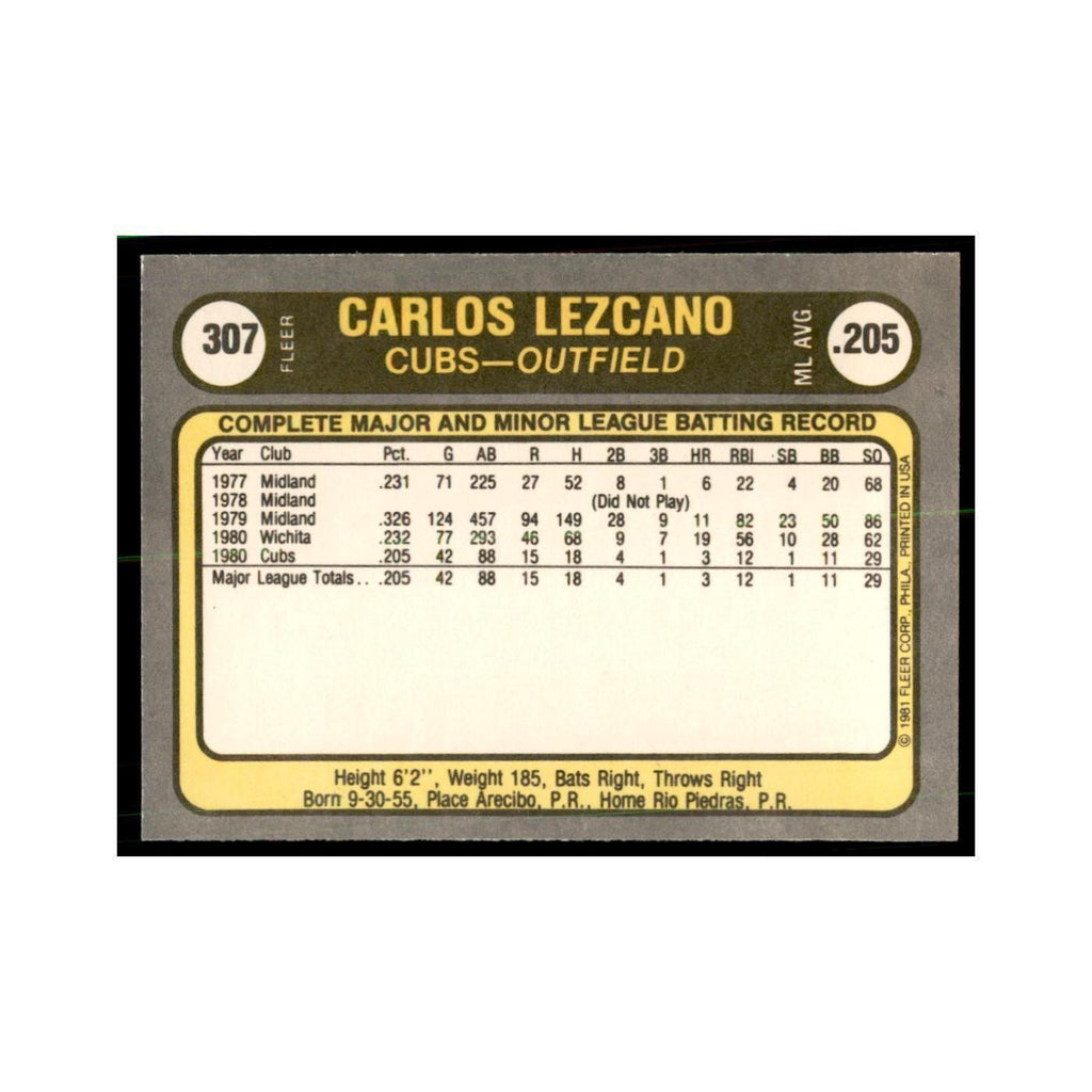 1981 Fleer Carlos Lezcano Baseball Cards #307