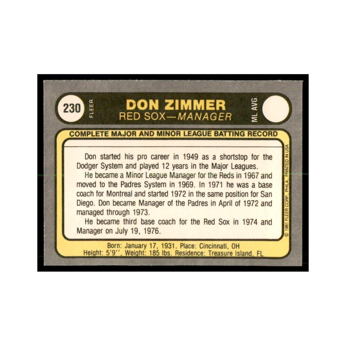 1981 Fleer Don Zimmer Baseball Cards #230