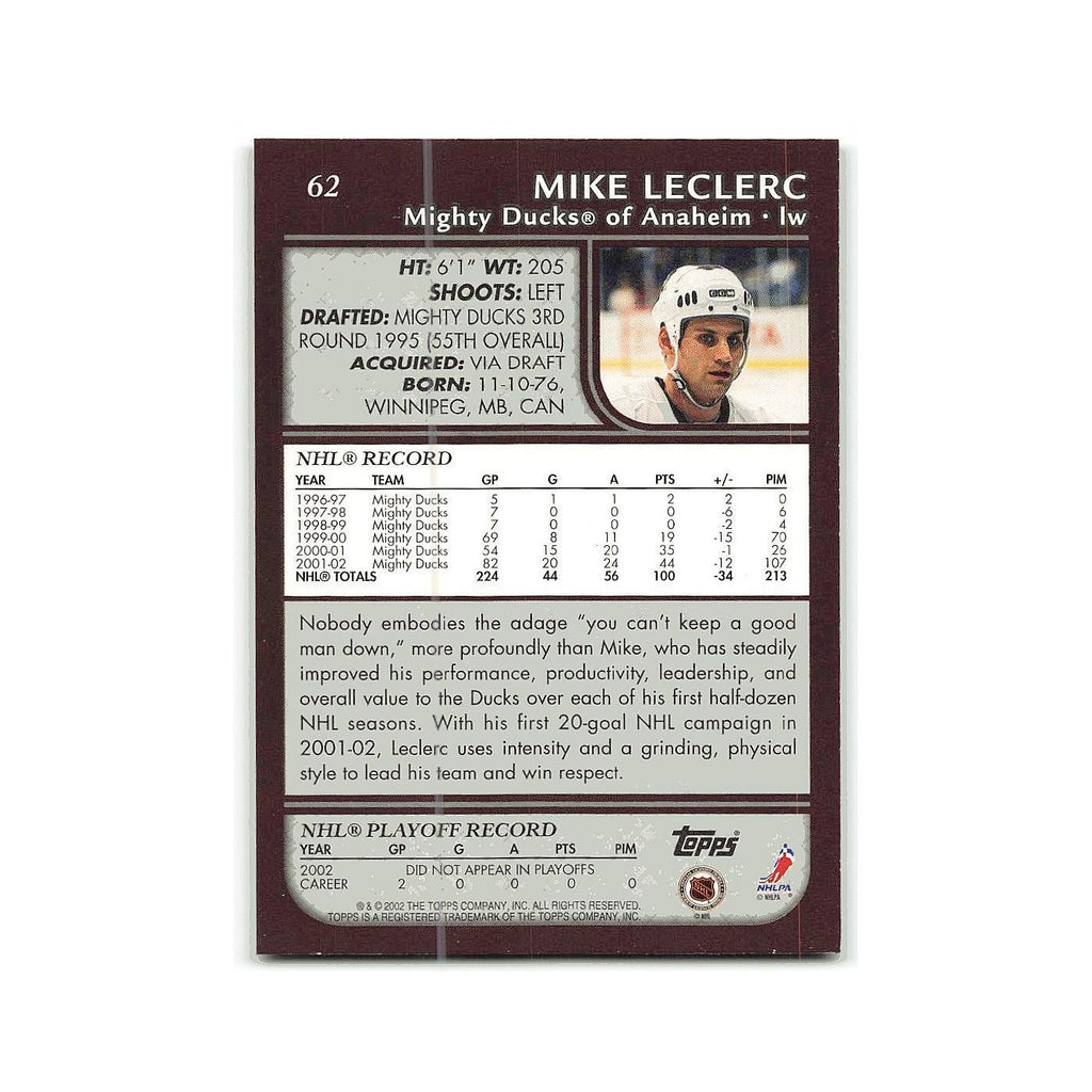 Mike Leclerc 2002 Topps #62 Anaheim Mighty Ducks Hockey Card NM