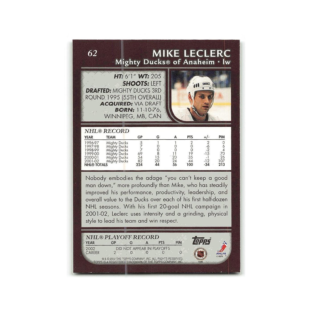 Mike Leclerc 2002 Topps #62 Anaheim Mighty Ducks Hockey Card NM