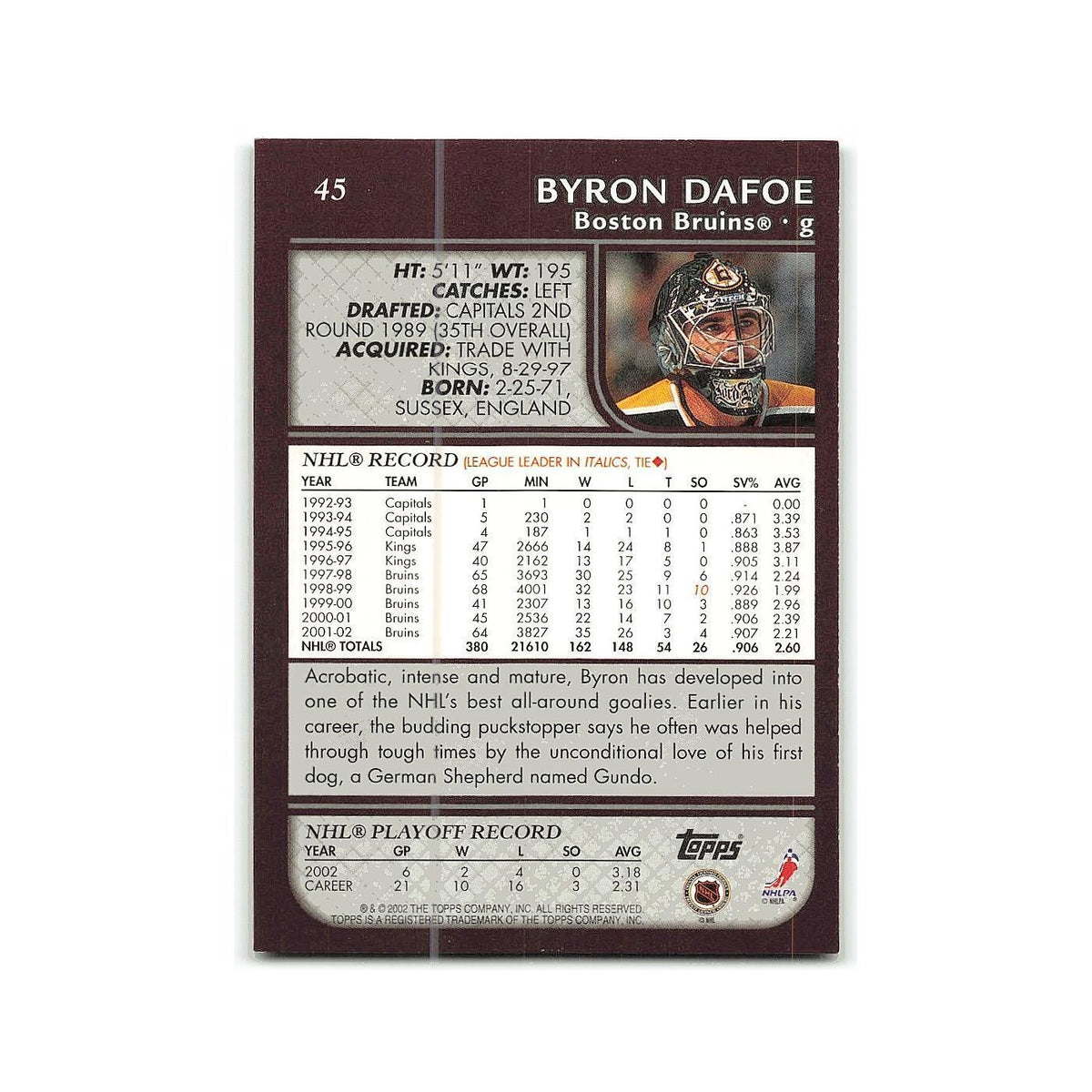 Byron Dafoe 2002 Topps #45 Boston Bruins Hockey Card NM