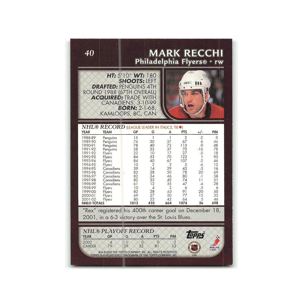 Mark Recchi 2002 Topps #40 Philadelphia Flyers Hockey Card NM