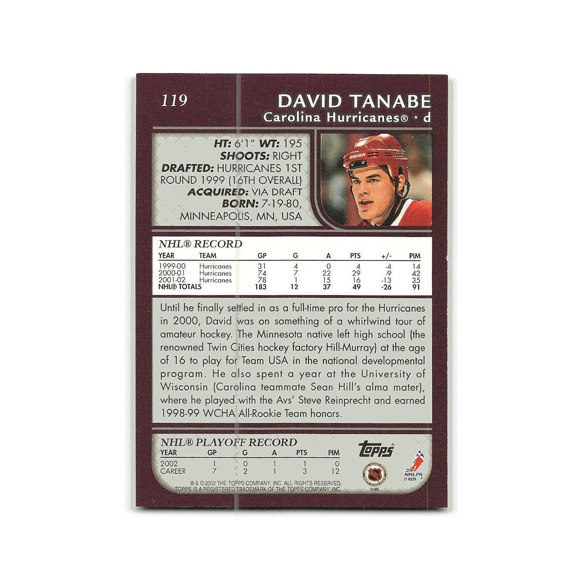 David Tanabe 2002 Topps #119 Carolina Hurricanes Hockey Card NM