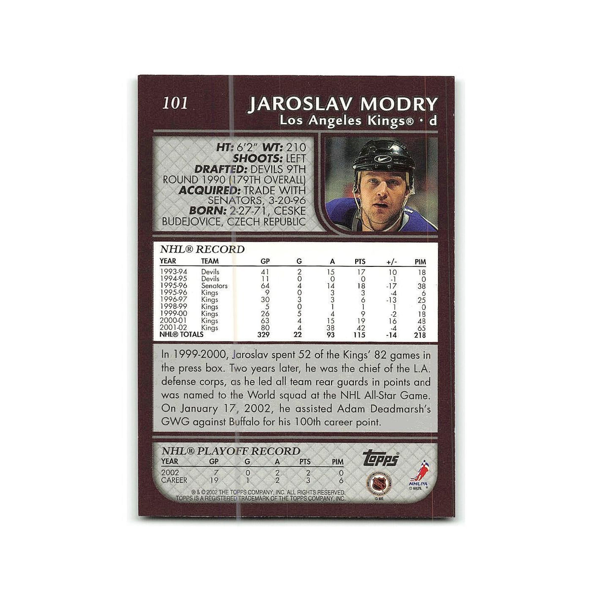 Jaroslav Modry 2002 Topps #101 Los Angeles Kings Hockey Card NM