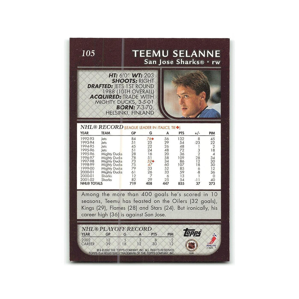 Teemu Selanne 2002 Topps #105 San Jose Sharks Hockey Card NM