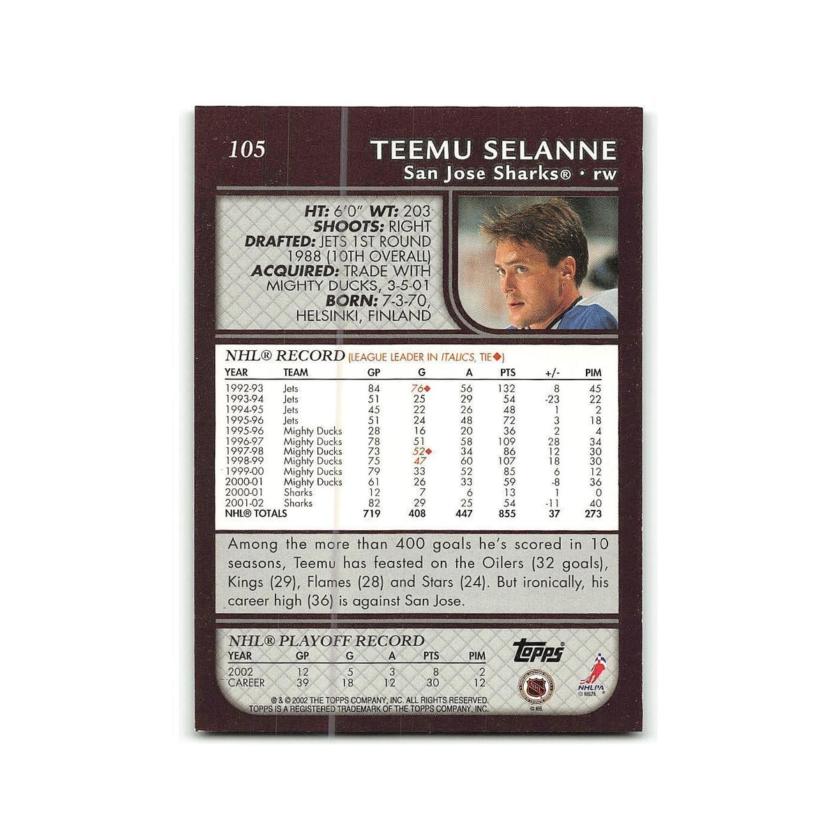 Teemu Selanne 2002 Topps #105 San Jose Sharks Hockey Card NM