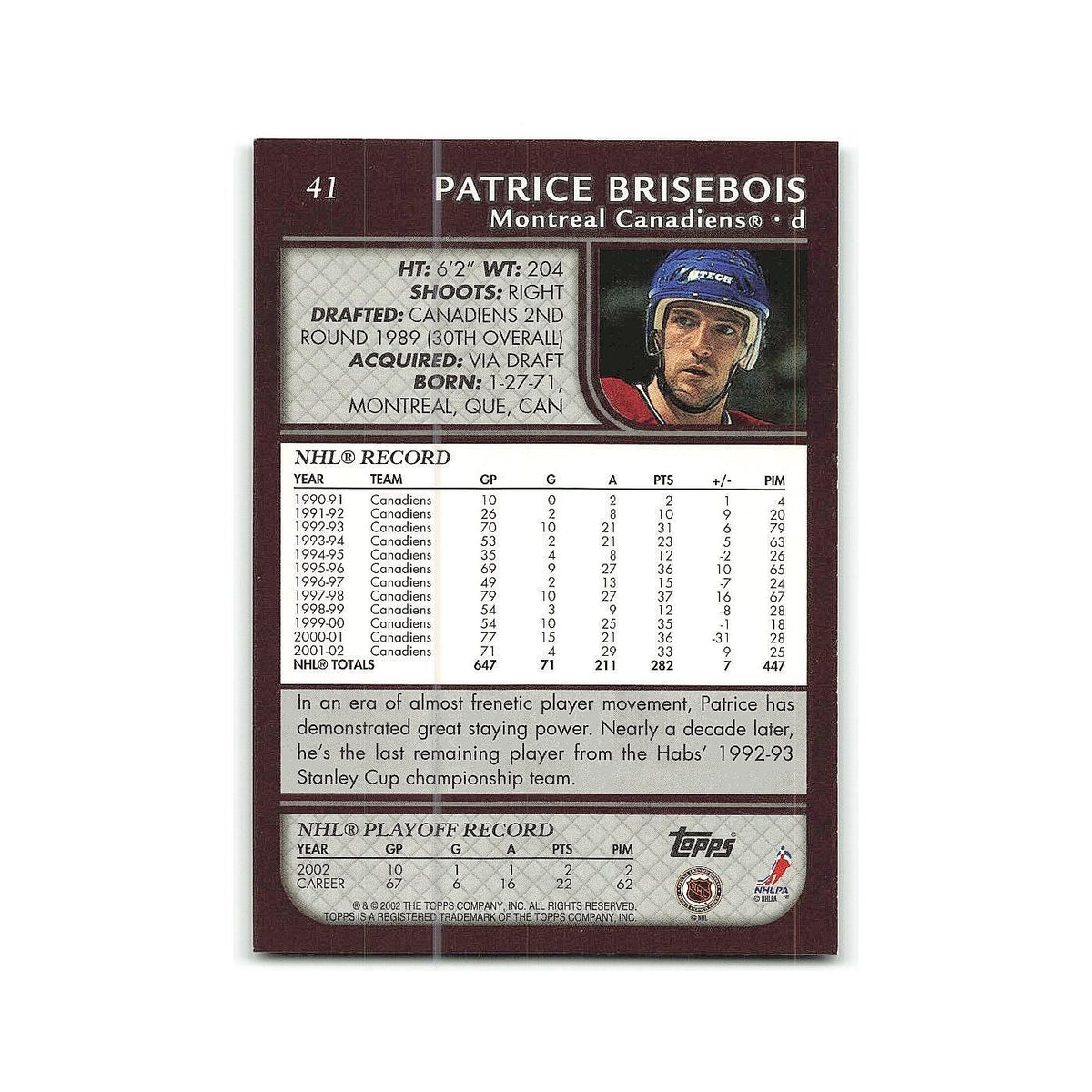 Patrice Brisebois 2002 Topps #41 Montreal Canadiens Hockey Card NM