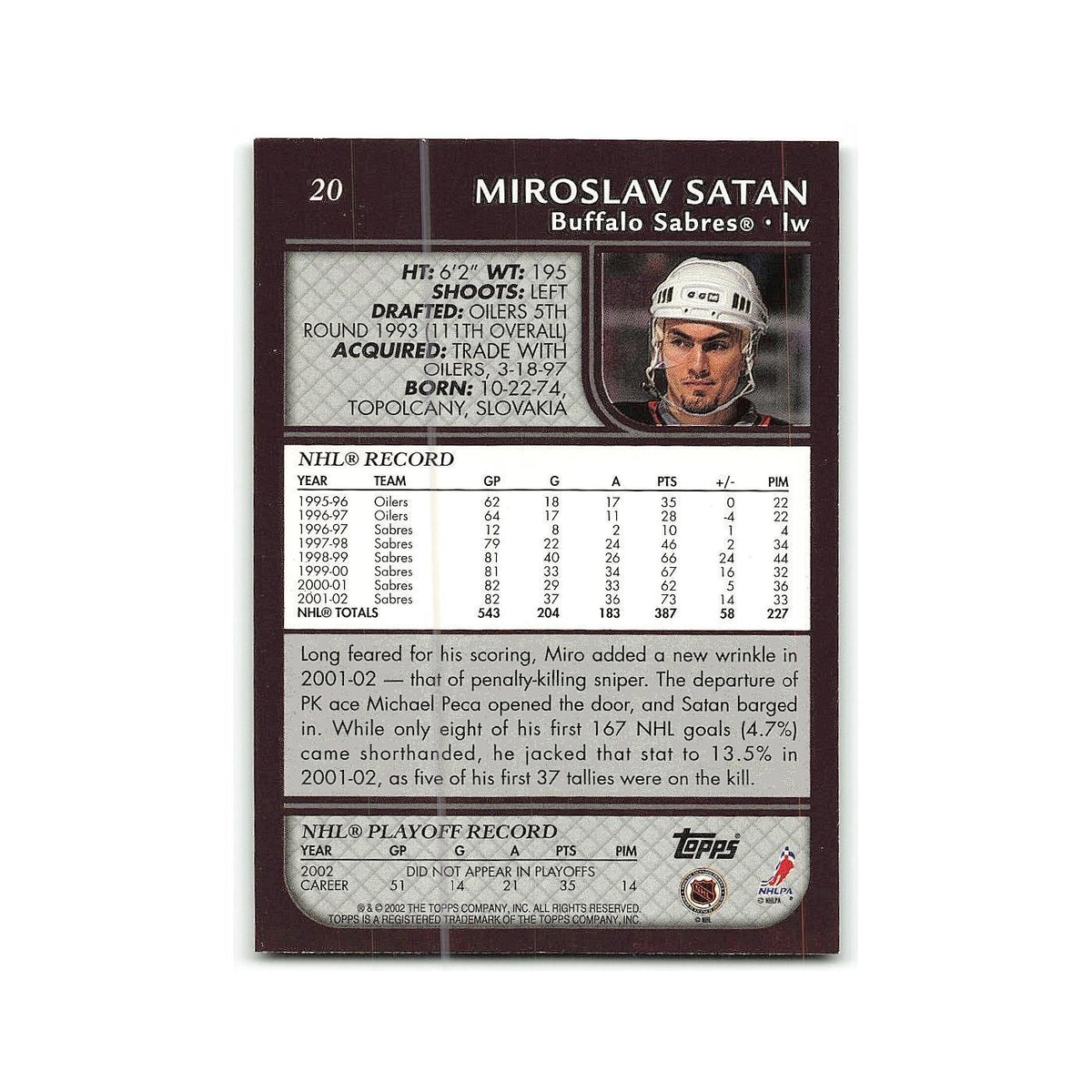 Miroslav Satan 2002 Topps #20 Buffalo Sabres Hockey Card NM