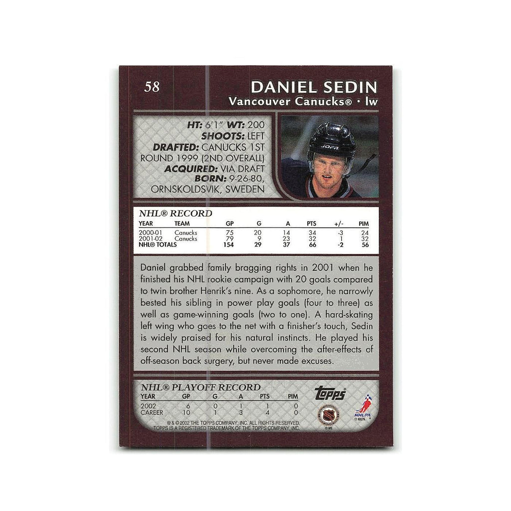 Daniel Sedin 2002 Topps #58 Vancouver Canucks Hockey Card NM