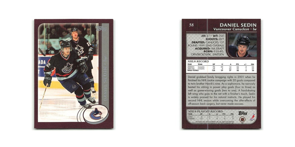 Daniel Sedin 2002 Topps #58 Vancouver Canucks Hockey Card NM
