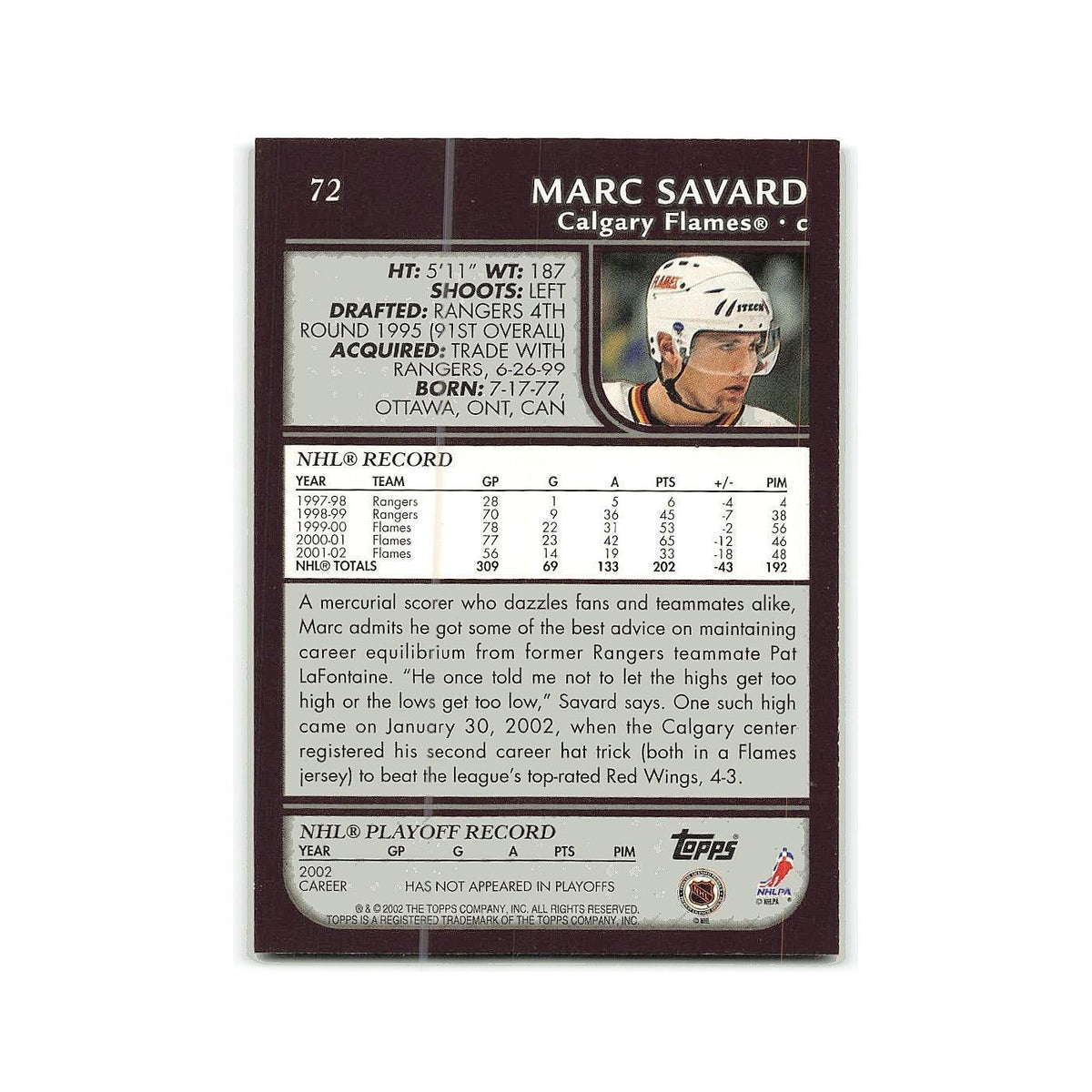 Marc Savard 2002 Topps #72 Calgary Flames Hockey Card NM