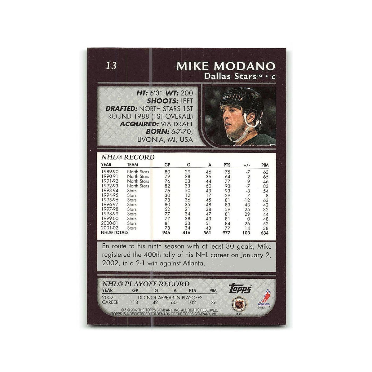 Mike Modano 2002 Topps #13 Dallas Stars Hockey Card NM