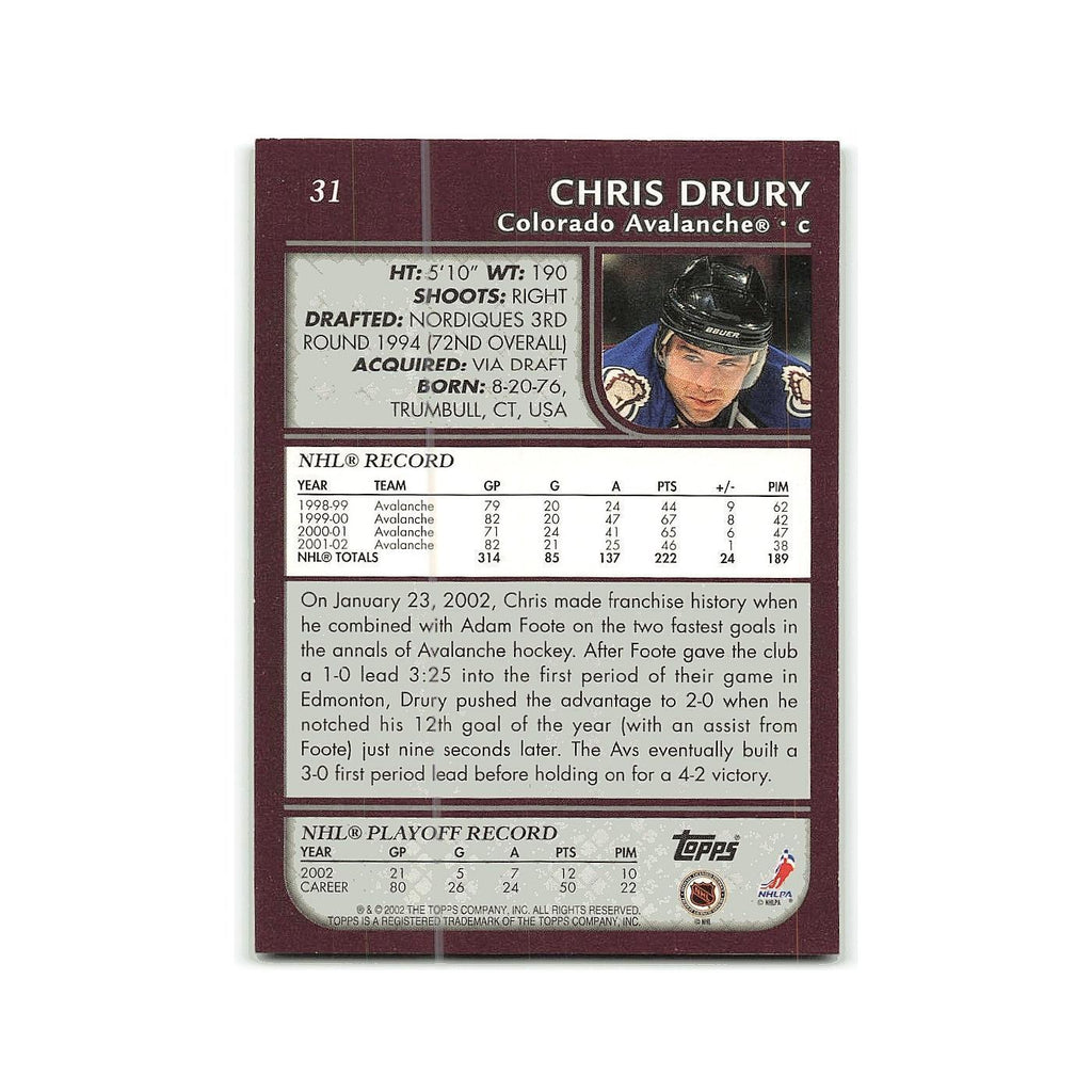 Chris Drury 2002 Topps #31 Colorado Avalanche Hockey Card NM