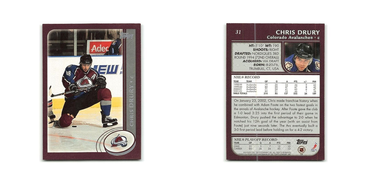 Chris Drury 2002 Topps #31 Colorado Avalanche Hockey Card NM