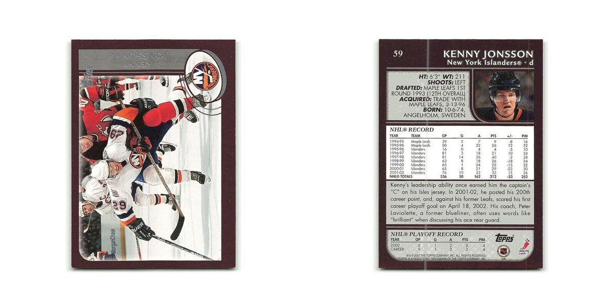 Kenny Jonsson 2002 Topps #59 New York Islanders Hockey Card NM