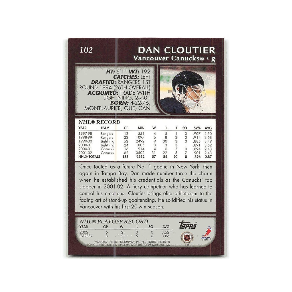 Dan Cloutier 2002 Topps #102 Vancouver Canucks Hockey Card NM